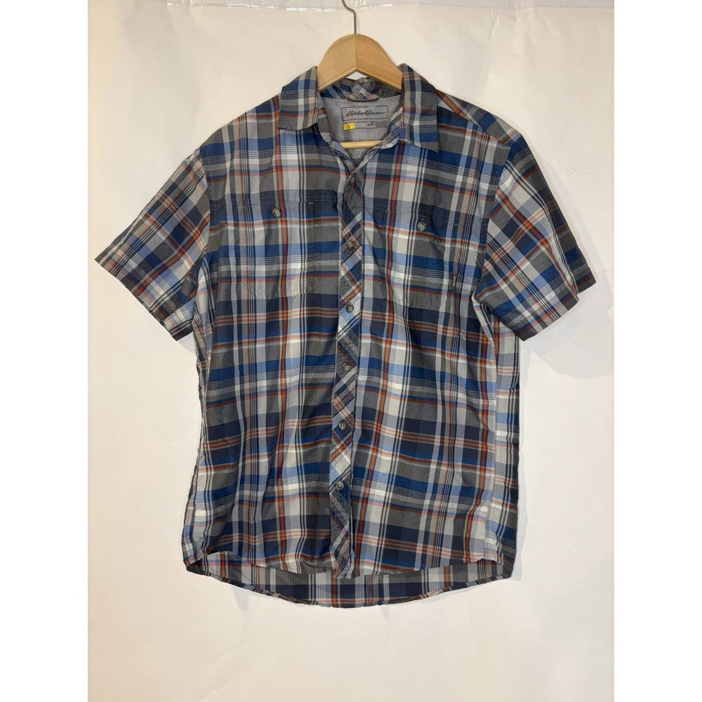 Eddie Bauer Mens Fishing Shirt Plaid Blue Short Sleeve Button DownMedium Outdoor